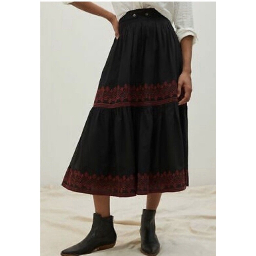 Anthropologie Black Midi Skirt with Red Embroidered Bands